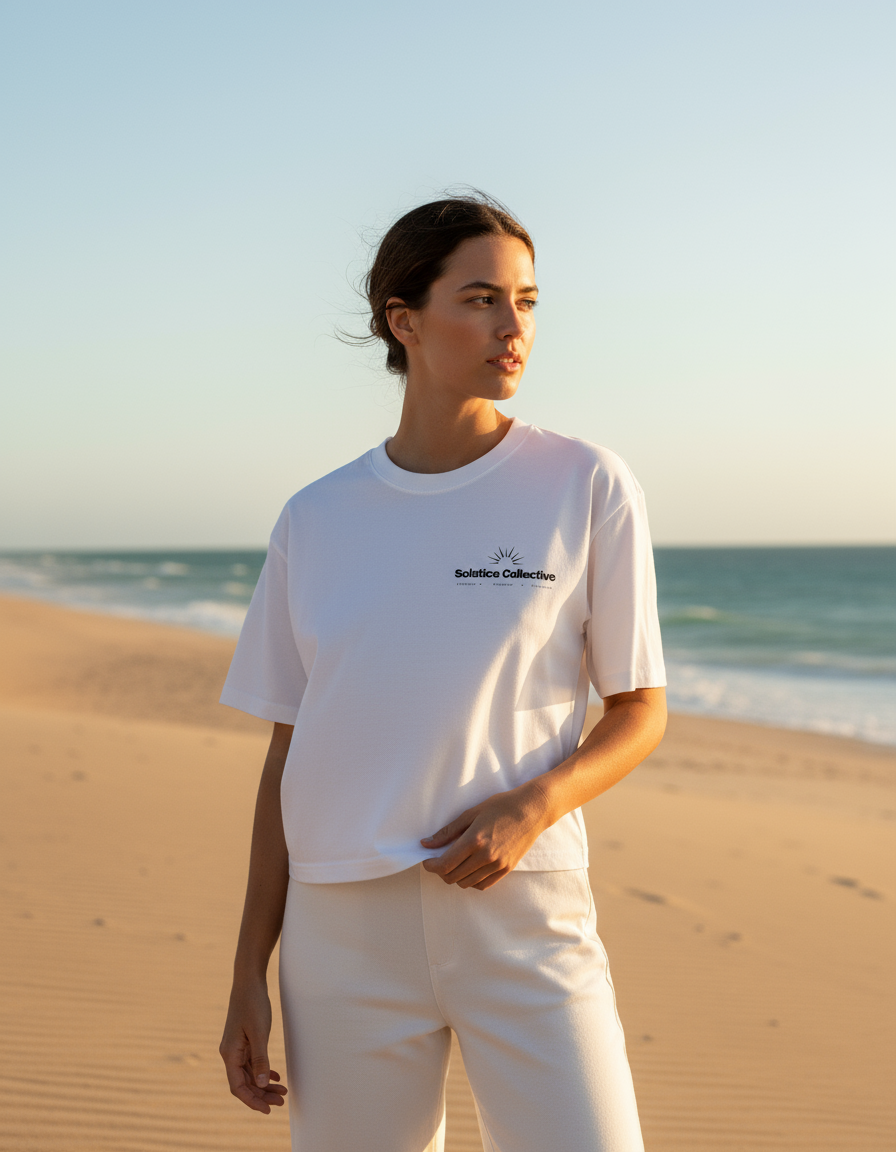 Model wearing Solstice Collective t-shirt on beach